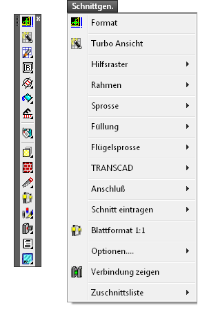 Werkzeugkasten und Pulldownmenü SCHNITTGENERIERUNG